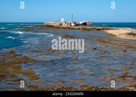 Cádiz, Spanien - 14. April 2024: Blick auf die Burg San Sebastian, am Strand La Caleta, Cadiz Stockfoto