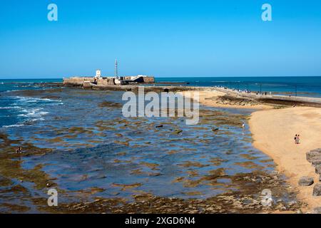 Cádiz, Spanien - 14. April 2024: Blick auf die Burg San Sebastian, am Strand La Caleta, Cadiz Stockfoto