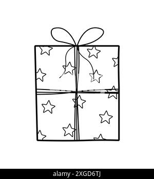 Symbol des Geschenks mit Schleife. Geschenkpapier für Vektor-Doodle-Element. Geschenkverpackung für die Feiertage. Isolieren Sie die Abbildung auf einem weißen Hintergrund. Stockfoto