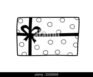 Symbol des Geschenks mit Schleife. Geschenkpapier für Vektor-Doodle-Element. Geschenkverpackung für die Feiertage. Isolieren Sie die Abbildung auf einem weißen Hintergrund. Stockfoto