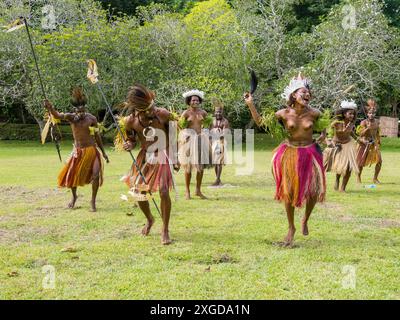 Sechs verschiedene Gruppen einheimischer Krieger, Trommler und Tänzer treten auf Kwato Island, Papua-Neuguinea, Pazifik auf Stockfoto