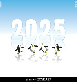 Vier glückliche Pinguine tanzen vor der Eisskulptur des Jahres 2025 Stock Vektor