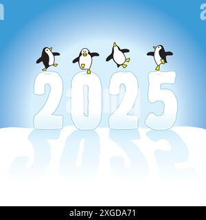 Vier glückliche Pinguine tanzen auf der Eisskulptur des Jahres 2025 aus Schnee am blauen Horizont Stock Vektor
