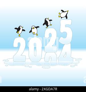 Vier glückliche Pinguine tanzen auf der sinkenden Eisskulptur des Jahres 2024-25 Stock Vektor