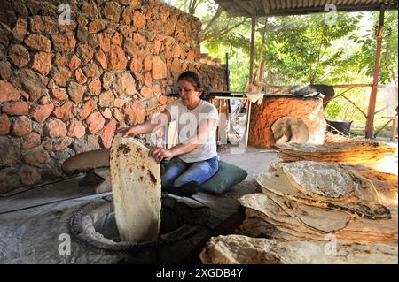 Frau, die Lavash (dünnes ungesäuertes Fladenbrot) in einem Tandoor, auf Armenisch Tonir genannt, in einem Restaurant neben dem Noravank-Kloster in der Nähe von Yeghe herstellt Stockfoto