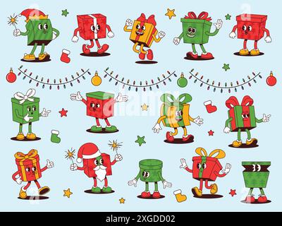 Retro-Cartoon Weihnachtsgeschenk-Maskottchen. Groovige Geschenkbox Charaktere für Winterferien, festliche Weihnachtsgeschenke und Weihnachtsmann Geschenke Vektor Illustration Stock Vektor