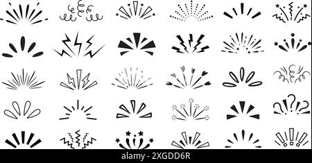 Die Doodle-Linie funkelt. Überraschungsstrahlen, handgezeichnete Sonnenstrahlen und Konfetti-Explosionslinien. Comic feiert Splash-Manga-Comic-Emotionsausdruck Stock Vektor