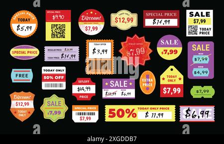 Preisaufkleber. Sonderpreise, Sonderangebote und Rabatte. Vintage-Shop-Preisabzeichen, kostenloser Aufkleber und heute nur noch Preis-Vektor-Set Stock Vektor