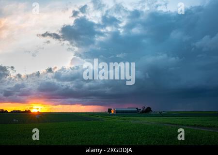 Wunderschöne Sommerlandschaft mit einem Gewitter über der niederländischen Landschaft bei Sonnenuntergang. Ein Bauernhof wird vom letzten Licht der untergehenden Sonne beleuchtet. Stockfoto