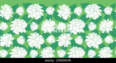 Vektorweiße und grüne Reihen von Jasminum Sambac oder arabische Jasminblüten monochrome horizontale Randmuster. Geeignete Einladungskarten und Poster. Stock Vektor