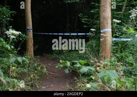 Slough, Großbritannien. 8. Juli 2024 die Thames Valley Police hat einen Teil des Herschel Parks an der Datchet Road in Slough, Berkshire, abgesperrt. Gestern gegen 13:16 Uhr besuchten Beamte den Herschel Park, nachdem sie einen Bericht aus der Öffentlichkeit hatten. Beamte besuchten den Tatort und fanden die Überreste einer Person. Eine Untersuchung über den Tod läuft, der derzeit als ungeklärt behandelt wird. Quelle: Maureen McLean/Alamy Live News Stockfoto