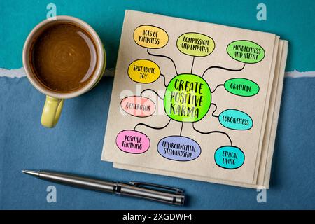 Schaffen Sie positives Karma, nehmen Sie Handlungen, Gedanken und Verhaltensweisen wahr, die Wohlwollen, Freundlichkeit und ethisches Leben fördern, Mindmap-Skizze. Stockfoto