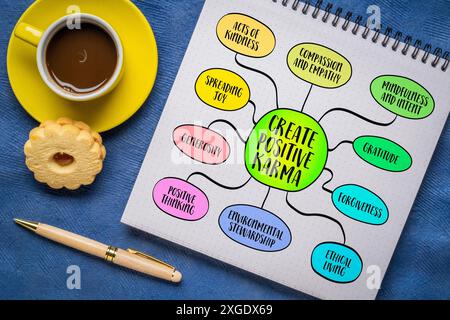 Schaffen Sie positives Karma, nehmen Sie Handlungen, Gedanken und Verhaltensweisen wahr, die Wohlwollen, Freundlichkeit und ethisches Leben fördern, Mindmap-Skizze. Stockfoto