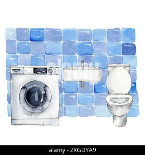 Badezimmer, innen. Toilette, Waschbecken, Waschmaschine auf blauem Hintergrund. In Aquarell gezeichnet Stockfoto