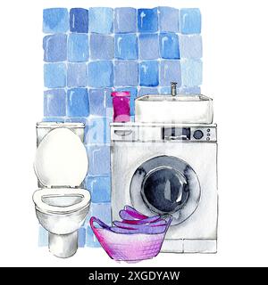 Badezimmer, innen. Toilette, Waschbecken, Waschmaschine auf blauem Hintergrund. In Aquarell gezeichnet Stockfoto