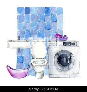 Badezimmer, innen. Toilette, Waschbecken, Waschmaschine auf blauem Hintergrund. In Aquarell gezeichnet Stockfoto