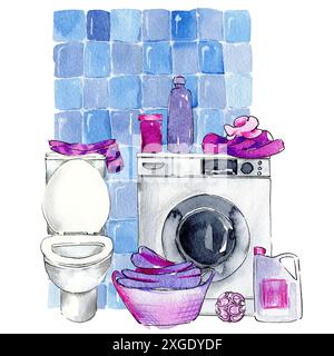 Badezimmer, innen. Toilette, Waschbecken, Waschmaschine auf blauem Hintergrund. Sauberkeit, Reinigung Stockfoto