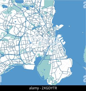 Karte von Kopenhagen in Dänemark im blauen Stil. Enthält mehrschichtigen Vektor mit Straßen, Wasser, Parks usw. Stock Vektor