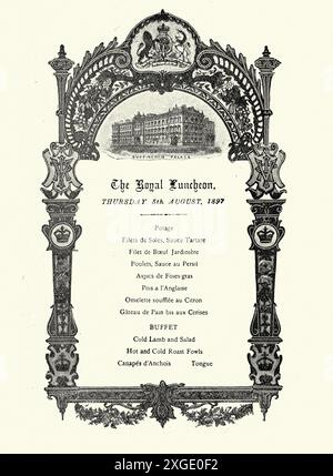 Menü für ein königliches Mittagessen im Buckingham Palace, viktorianisches Essen und Trinken, 1890er Jahre, Vintage Illustration aus dem 19. Jahrhundert Stockfoto