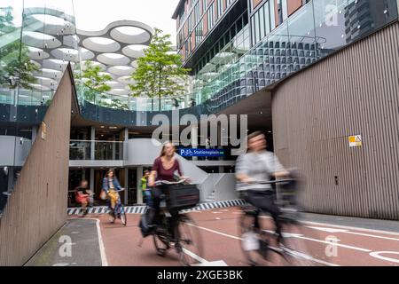 Ein- und Ausfahrt des Fahrradparkhauses am Bahnhof Utrecht Centraal, Stationsplein, über 13,000 Stellplätze, gilt als größtes Fahrradparkhaus der Welt, über 3 Etagen unterirdisch, Utrecht, Niederlande Fahrradparkhaus Utrecht *** Eingang und Ausgang der Fahrradparkgarage am Bahnhof Utrecht Centraal, Stationsplein, über 13.000 Parkplätze, gilt als das größte Fahrradparkhaus der Welt, über 3 unterirdische Etagen, Utrecht, Niederlande Fahrradparkhaus Utrecht Stockfoto