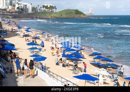 Salvador, Bahia, Brasilien - 20. September 2019: Touristen werden beim Baden im Meer während der starken Sonne am Strand Farol da Barra in der Stadt Salvad gesehen Stockfoto