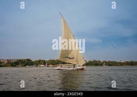 Eine Feluke gleitet entlang des Nils bei Assuan Egypt. Stockfoto