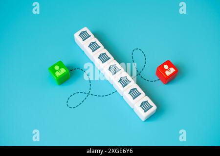 Eine Bank für eine Transaktion auswählen und Geschäfte tätigen. Bank- und Finanzdienstleistungen. Kreditgeber und Kreditnehmer. Einkaufstransaktion über eine Bank. Stockfoto