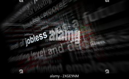 Die Krise der Arbeitslosigkeit bei Arbeitslosen hat in den internationalen Medien Schlagzeilen gemacht. Abstraktes Konzept von Nachrichtentiteln auf Noise-Displays. TV-Störeffekt 3D-Illustrat Stockfoto