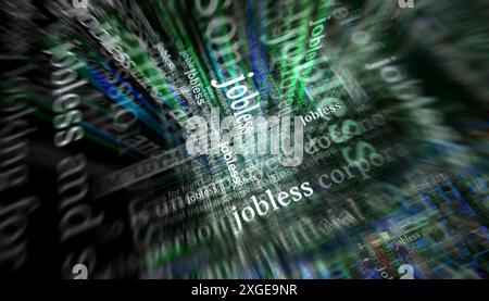Die Krise der Arbeitslosigkeit bei Arbeitslosen hat in den internationalen Medien Schlagzeilen gemacht. Abstraktes Konzept von Nachrichtentiteln auf Noise-Displays. TV-Störeffekt 3D-Illustrat Stockfoto