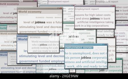 Die Krise der Arbeitslosigkeit bei Arbeitslosen hat in den internationalen Medien Schlagzeilen gemacht. Abstraktes Konzept von Nachrichtentiteln auf Noise-Displays. TV-Störeffekt 3D-Illustrat Stockfoto