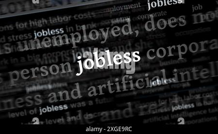 Die Krise der Arbeitslosigkeit bei Arbeitslosen hat in den internationalen Medien Schlagzeilen gemacht. Abstraktes Konzept von Nachrichtentiteln auf Noise-Displays. TV-Störeffekt 3D-Illustrat Stockfoto