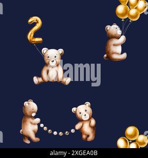 Nahtloses Muster mit niedlichen Cartoon-Teddybären mit goldenen Folienballons an einem String, Geburtstagskranz aus braunen und beigen Fahnen. Handgezeichnetes Wasserkolo Stockfoto