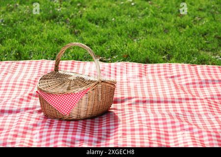 Ein Picknickkorb mit karierter Serviette und Decke auf grünem Gras Stockfoto