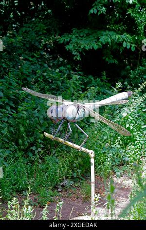 Große Dragonfly-Kunstwerke aus Metall auf der Forest Farm in Südwales. Vom Juli 2024 Stockfoto