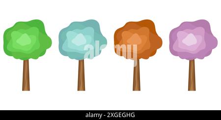 Bunte Baumsymbole. Vier verschiedene Bäume. Grün, blau, orange, lila. Vektorabbildung. Stock Vektor