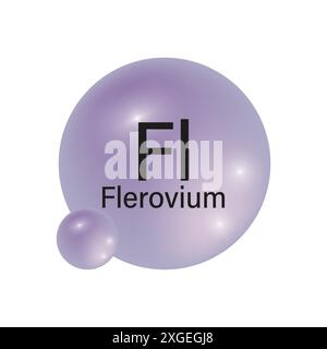 Symbol für Flerovium-Element. Violette Farbverlaufskugeln. Symbol für Vektorchemie. Glatte Metallic-Oberfläche. Stock Vektor