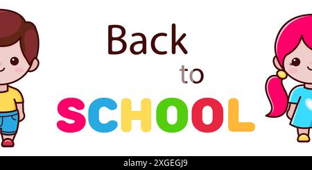 Poster „zurück zur Schule“. Glückliche Kinder. Comicfiguren Junge und Mädchen. Vektorabbildung. Stock Vektor