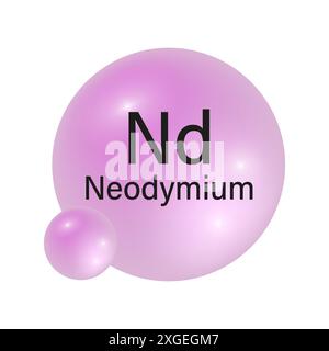 Symbol für Neodym-Element. Rosafarbenes kugelförmiges Symbol. Vektorchemikaliendarstellung. ND-atomare Struktur. Stock Vektor