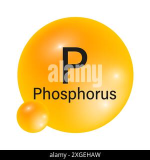 Symbol für Phosphorelement. Gelbe Farbverlaufskugeln. Symbol für Vektorchemie. Glänzendes, reflektierendes Design. Stock Vektor