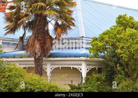 Klassische weiße Holzvilla mit blauem Wellblechdach und dekorativer Veranda, die teilweise hinter dichtem Grün versteckt ist. Lage: Auckland Neuseeland Stockfoto