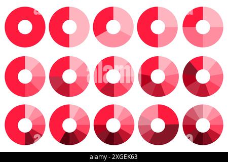 Gruppe von roten Vektordiagrammen. Kreisförmige Donut-Diagramme. Es werden verschiedene rote Segmente angezeigt. Geeignet für die Datenvisualisierung. Stock Vektor