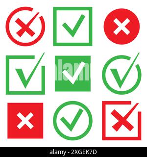 Rote und grüne Häkchen. X-Symbole. Vektorsymbole. Weißer Hintergrund. Stock Vektor