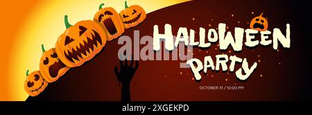 Fröhliche Halloween Kürbisse im Mondlicht. Jack O Lantern Party auf Nacht verschwommener Hintergrund mit Inschrift horizontales Banner. Trick or Treat Weihnachtsgrußkarte Design EPS Vorlage Stock Vektor