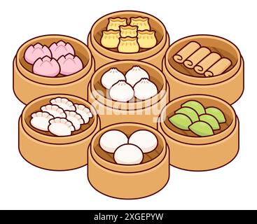 Dim Sum, traditionelle chinesische Klöße, in Bambus-Dampfkörben. Frühlingsrollen, Potsticker, bao-Brötchen. Asiatisches Essensbuffet Cartoon Vektor Illustration Stock Vektor