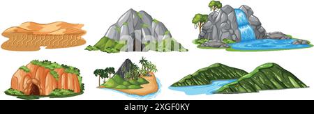 Verschiedene Landschaften, darunter Berge, Höhlen und Wasserfälle Stock Vektor
