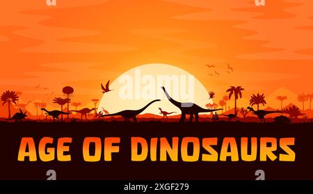 Prähistorische Silhouetten von Dinosauriern im Hintergrund des Sonnenuntergangs mit Bäumen, Felsen und Pflanzen. Vektorlandschaft mit Terrain-Dino-Arten und fliegenden Pterosaurier-Schatten vor großer Sonne am orange Abendhimmel Stock Vektor