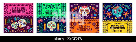 Tag der Toten Papel Picado Papierflaggen mit Dia de los Muertos Zuckerschädel, Maracas und Oferrenda Kerzen. Vektor mexikanische Halloween-Schädel und festliche Wimpelgirlande mit ethnischem Blumenmuster Stock Vektor