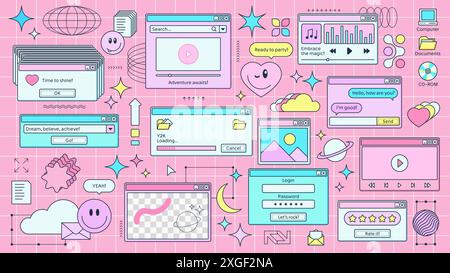 Y2K-Seite im Retro-Browserfenster mit Computersymbolen auf rosafarbenem Rasterhintergrund. Vektorset aus Pop-up-Fenstern und Bildschirmen mit verspielten Botschaften und nostalgischen Elementen wie Sternen, Herzen und Lächeln Stock Vektor