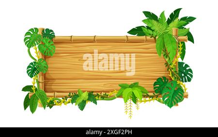 Tropischer Bambus-Rahmen mit Dschungellianen und Blättern. Zeichentrickvektor hölzerne Schilder, Holzplanke oder Grenze mit grünen Reben und Amazonas Dickicht. Holztafel mit Regenwaldpflanzen, Spielmenüschnittstelle Stock Vektor