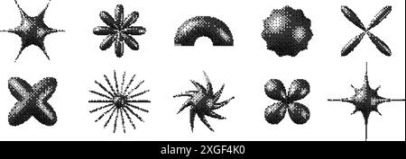 Gepixelter 3D Y2K-Formsatz. Bitmap-Sterne, Blumen, Glitzer-Elemente-Kollektion. Retro 8-Bit-Stickerformulare für Poster, Banner, Collage, Grafikdesign und Tätowierungen. Vektor-Dither-Paket Stock Vektor